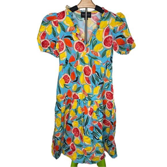 Donna Morgan Colorful Fruit Citrus Lemon Oranges Puff Sleeve MIDI Tier Dress R16 - Picture 3 of 11